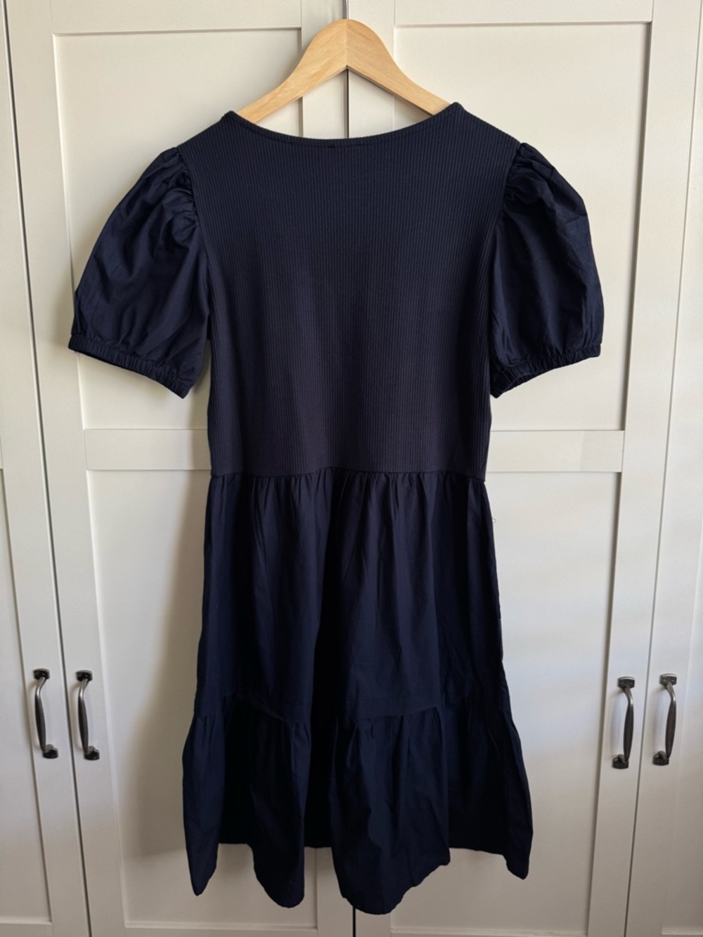 J.Crew Factory Puff-Sleeve Knit Mixy Mini Dress in Navy Size Small - Picture 2 of 4